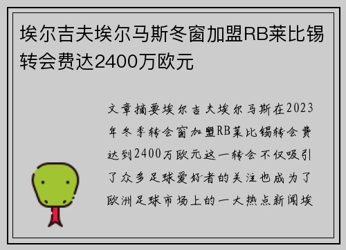 埃尔吉夫埃尔马斯冬窗加盟RB莱比锡转会费达2400万欧元